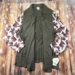 NWT Self Esteem Floral Long Sleeve Army Green Open Front Blouse Top Size 1X